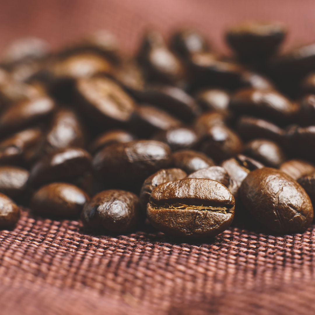 Freshly roasted whole coffee beans on burlap cloth, small-batch roasted coffee from Rock Creek Coffee Roasters