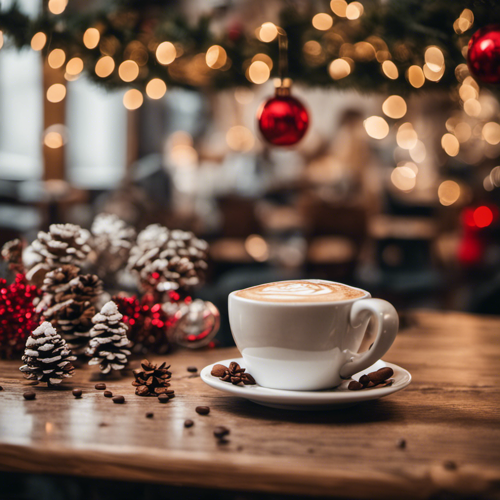 Cup of coffee on a wooden table with pinecones and red holiday decorations against warm, blurred Christmas lights