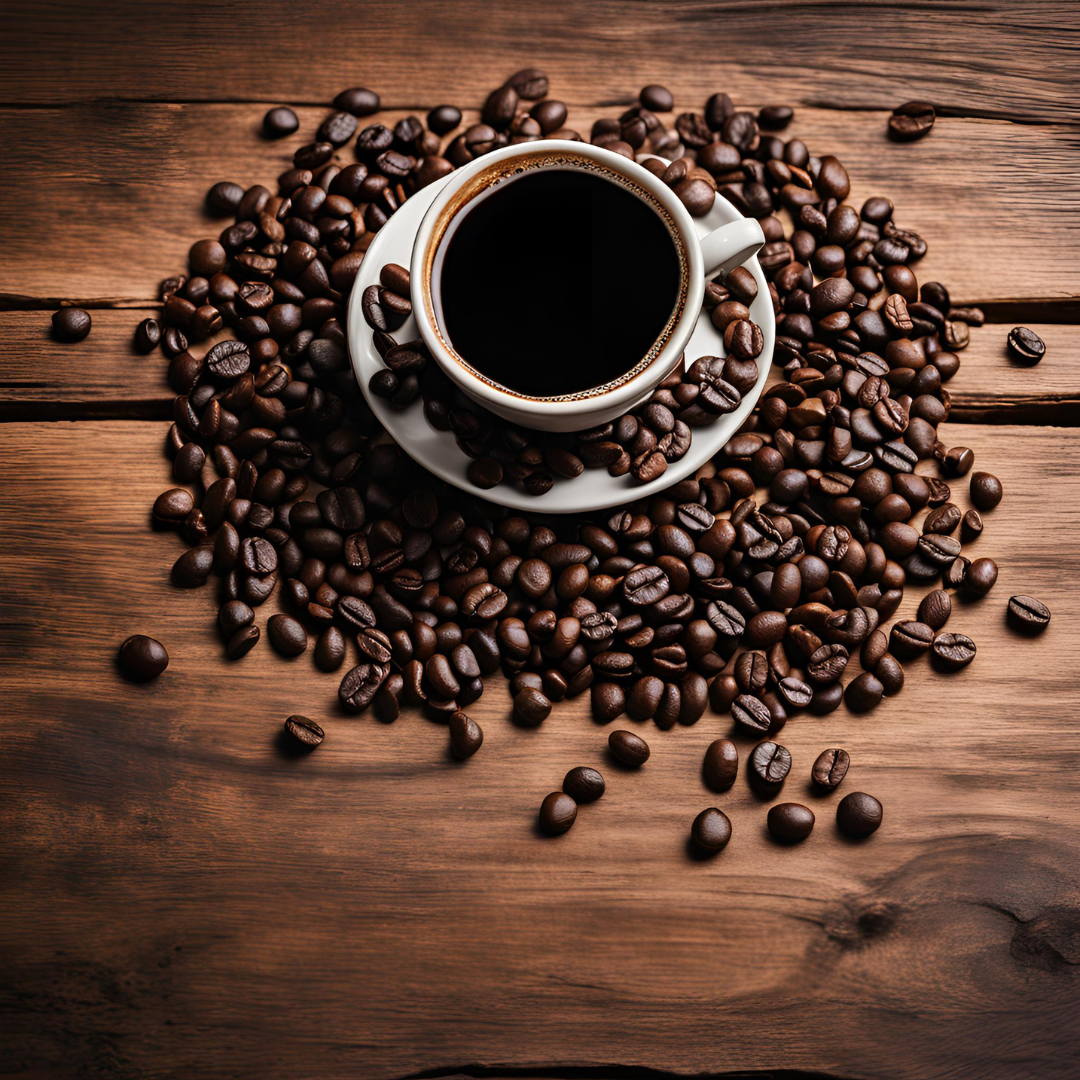 Cup of black coffee surrounded by roasted coffee beans on a wooden table