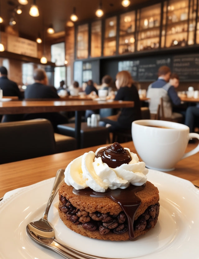 Chocolate dessert topped with whipped cream and chocolate sauce served with a cup of coffee inside a busy café