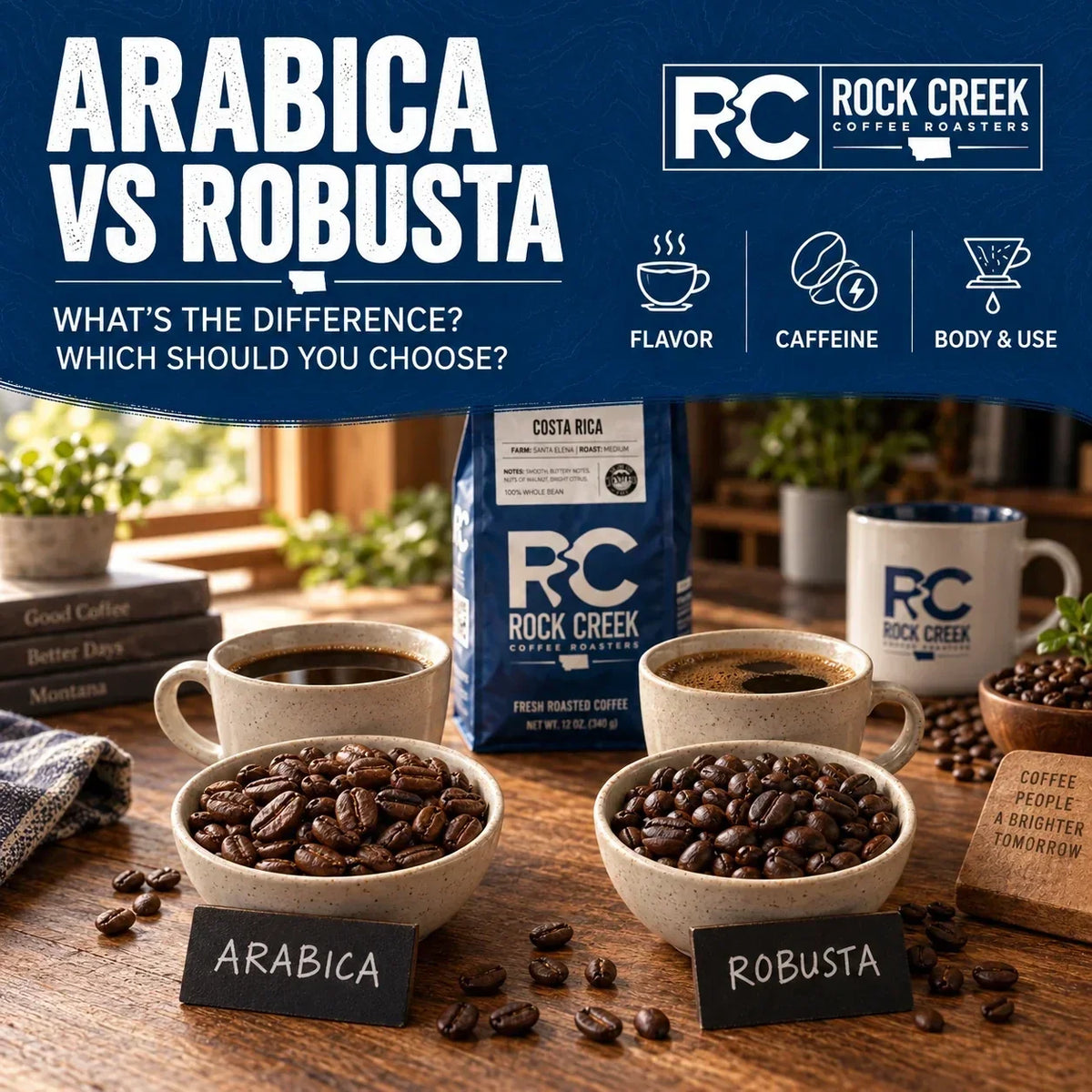 Rock Creek Coffee Arabica vs Robusta comparison featuring two bowls of roasted beans, brewed coffee cups, and a Costa Rica coffee bag, highlighting differences in flavor, caffeine, body, and use.