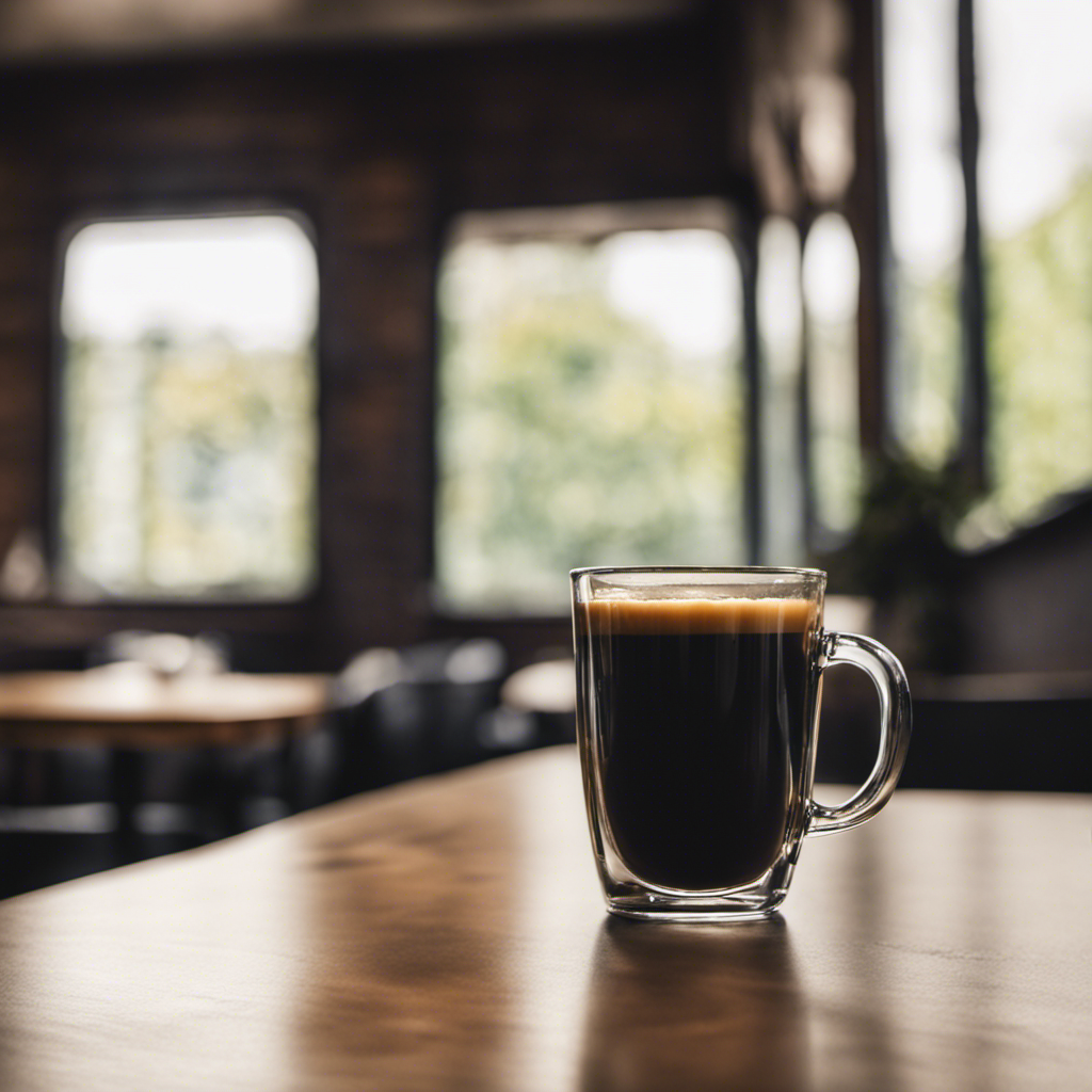 Glass mug of black coffee on a wooden table inside a softly lit cafe, with blurred chairs and bright windows in the background.