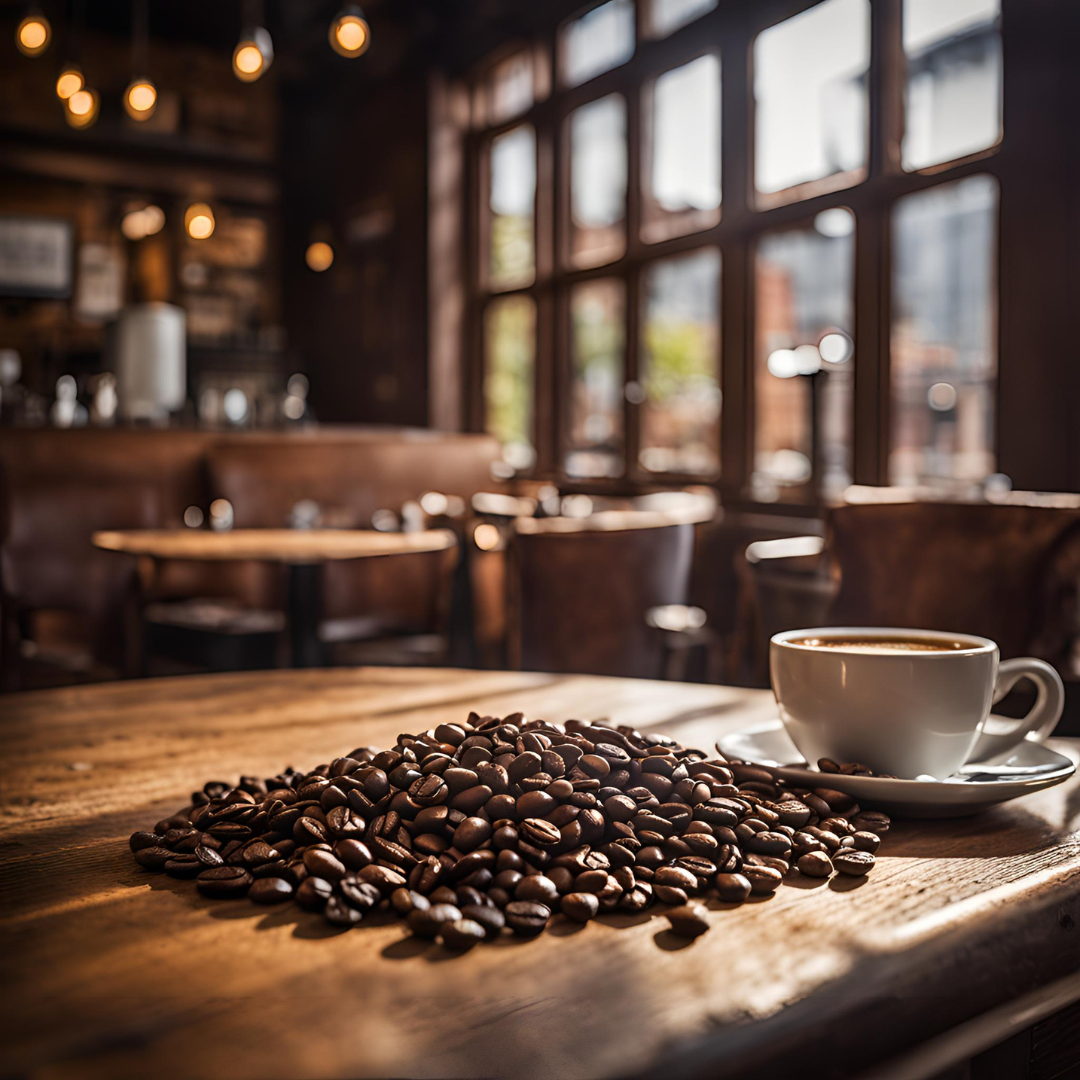Pile of roasted coffee beans on a wooden table beside a white cup of coffee in a warm, sunlit cafe interior with large windows and cozy seating in the background.