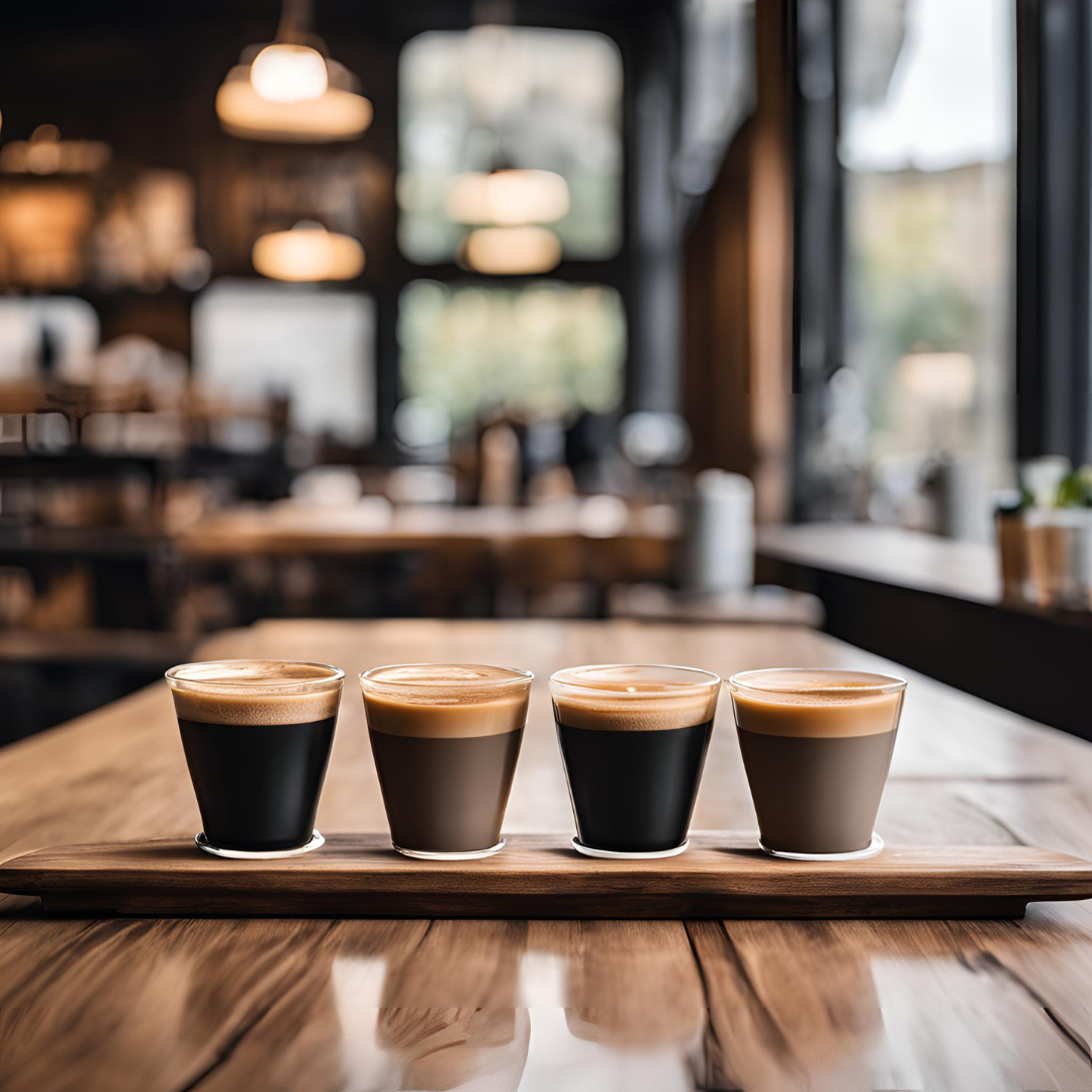 Four espresso shots with crema served on a wooden board in a softly lit café interior