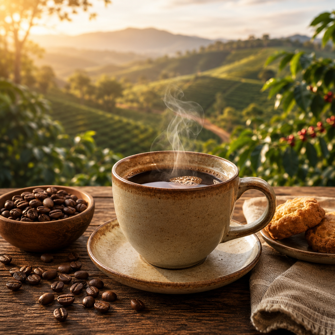 Brazil Porta Rossa coffee origin image featuring a steaming cup of Brazilian coffee, roasted beans, cookies, and a sunlit farm landscape