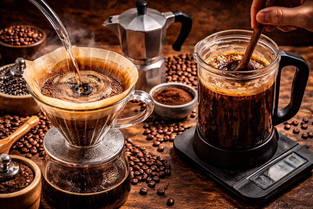 Pour-over coffee brewing beside a French press being stirred on a scale, with beans and grounds scattered on a wooden table. 