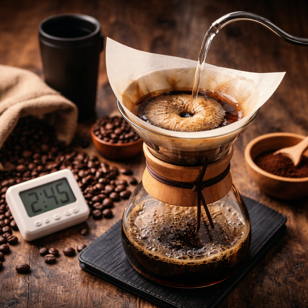 Pour over coffee brewing in a Chemex with hot water flowing from a gooseneck kettle into a blooming coffee bed, set on a scale and wooden table with coffee beans and grounds nearby
