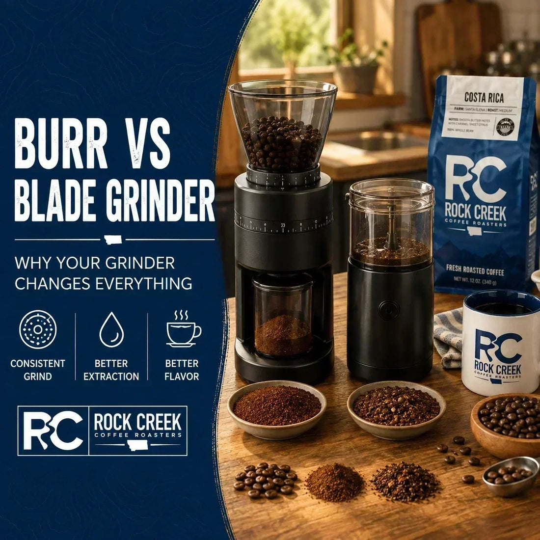 Burr grinder vs blade grinder comparison showing consistent burr-ground coffee, uneven blade-ground coffee, Rock Creek Coffee beans, bag, and branded mug.