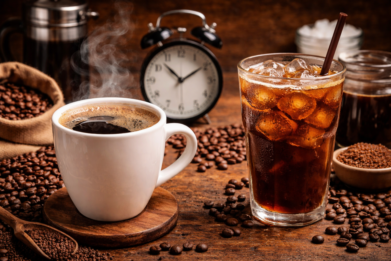 Hot coffee and iced coffee side by side on a wooden table with coffee beans and an alarm clock in the background.