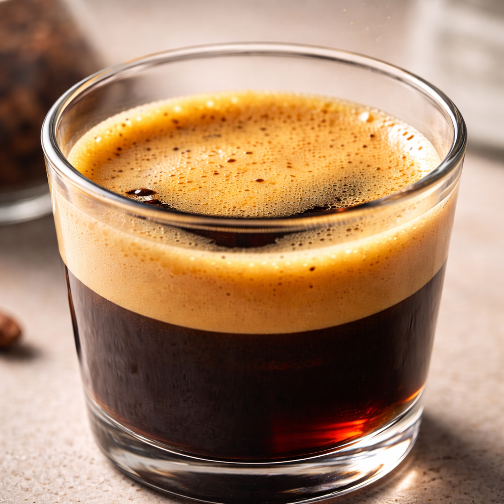 Close-up of a freshly pulled espresso in a clear glass showing dark coffee beneath a thick golden crema layer