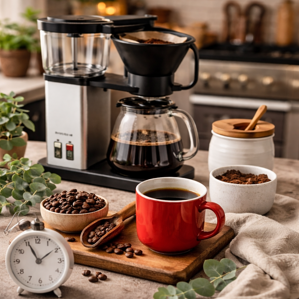 Drip coffee maker brewing into a glass carafe beside a red mug, coffee beans, and an alarm clock on a kitchen counter.