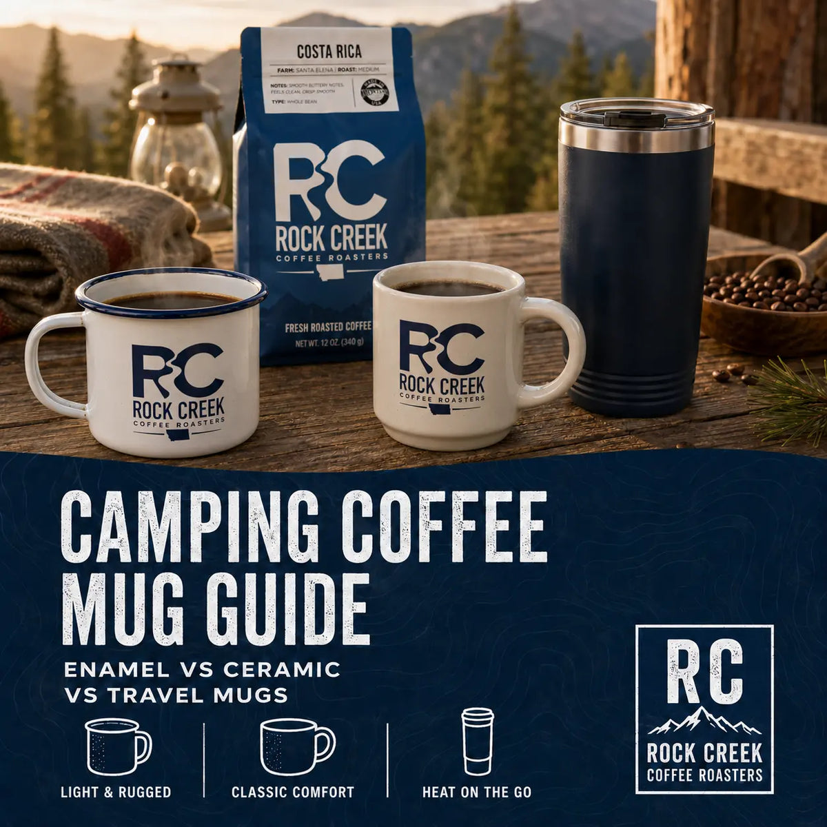 Rock Creek Coffee camping mug guide comparing an enamel mug, ceramic coffee mug, and insulated travel mug with a Costa Rica coffee bag at a Montana mountain campsite.