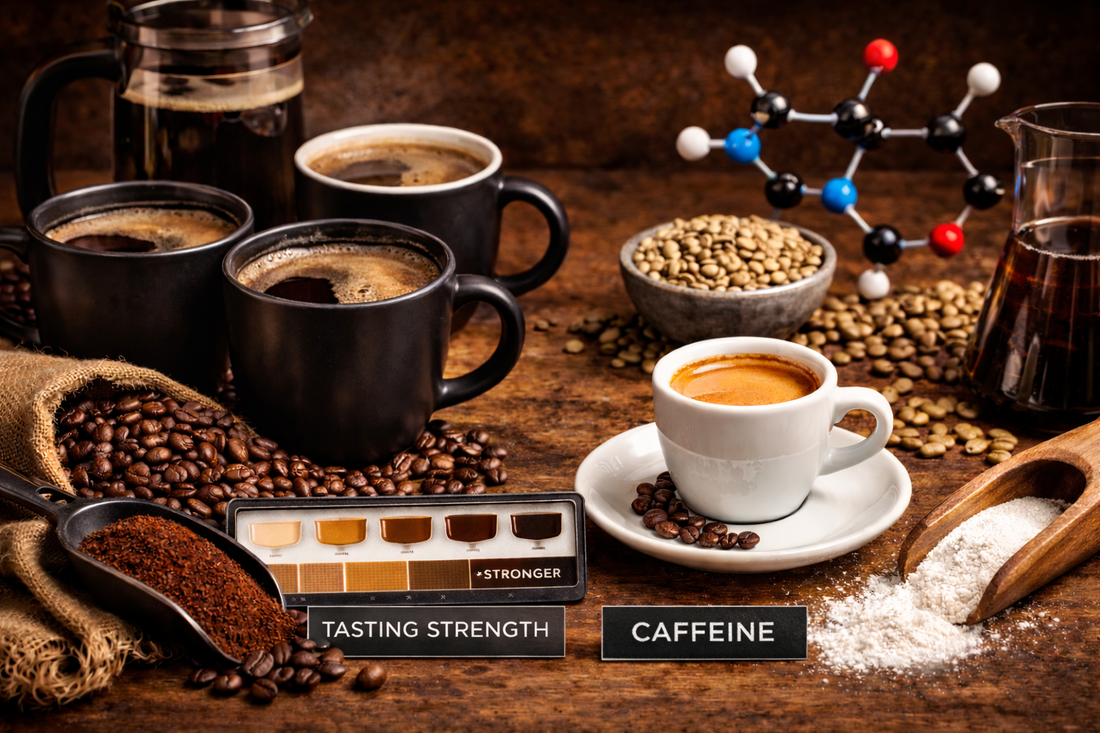 Coffee strength comparison with dark mugs and grounds on one side and an espresso with a caffeine model on the other, separated by a tasting strength meter.