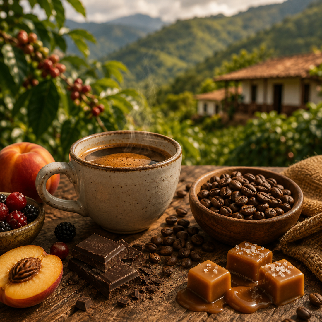 Rustic coffee scene with a steaming ceramic mug, roasted coffee beans, peach slices, mixed berries, dark chocolate, and caramel candies set against a lush Colombian mountain coffee farm.