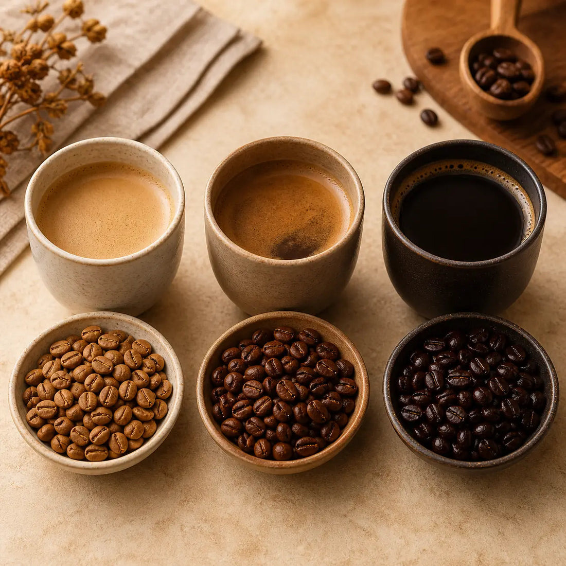Three cups of brewed coffee and three bowls of coffee beans arranged from light roast to medium roast to dark roast, comparing roast color and strength on a warm neutral surface.