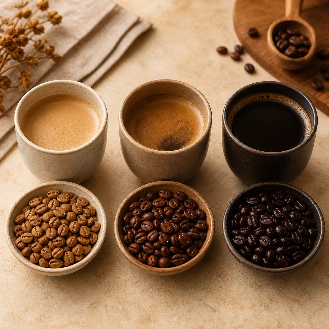 Three cups of brewed coffee and three bowls of coffee beans arranged from light roast to medium roast to dark roast, comparing roast color and strength on a warm neutral surface.