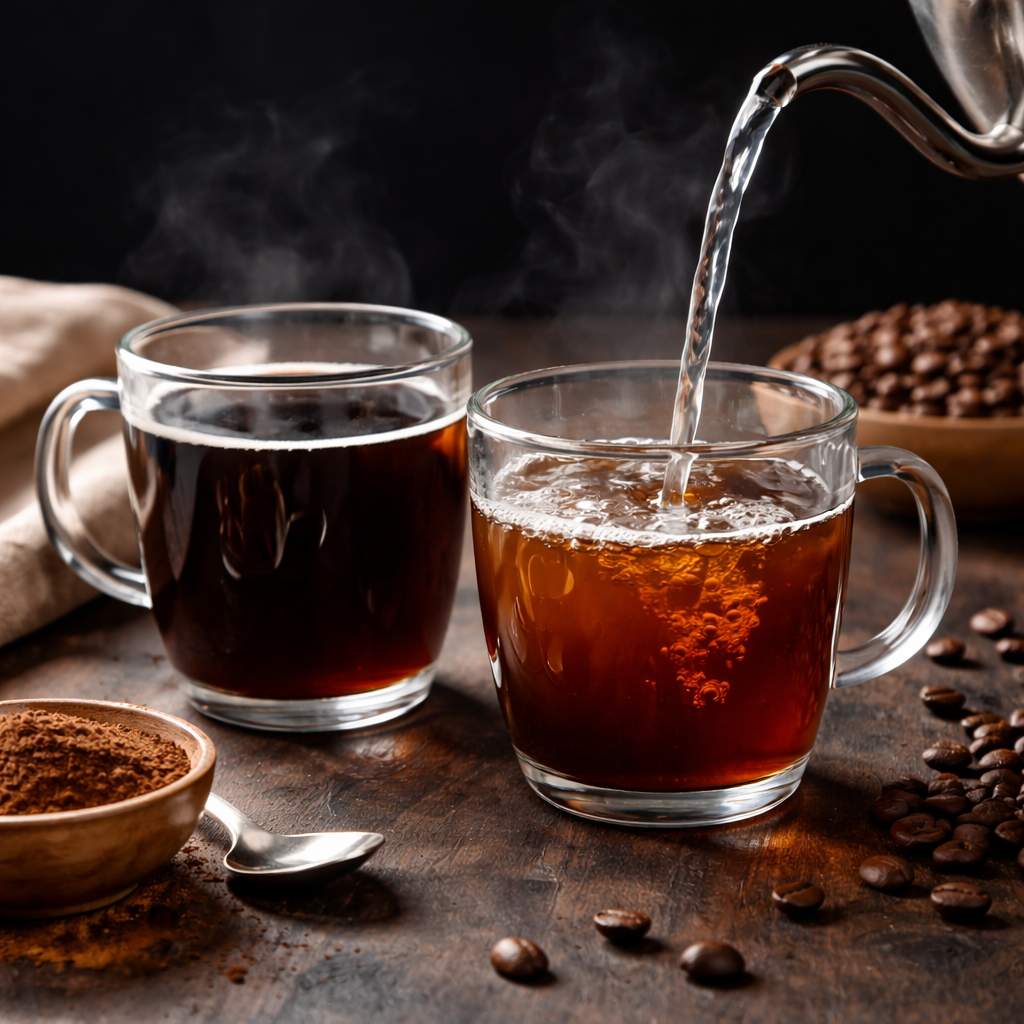 Two clear glass mugs filled with coffee on a wooden table, one darker and one lighter as hot water is poured from a gooseneck kettle into the lighter cup, with steam rising and coffee beans and grounds scattered nearby.