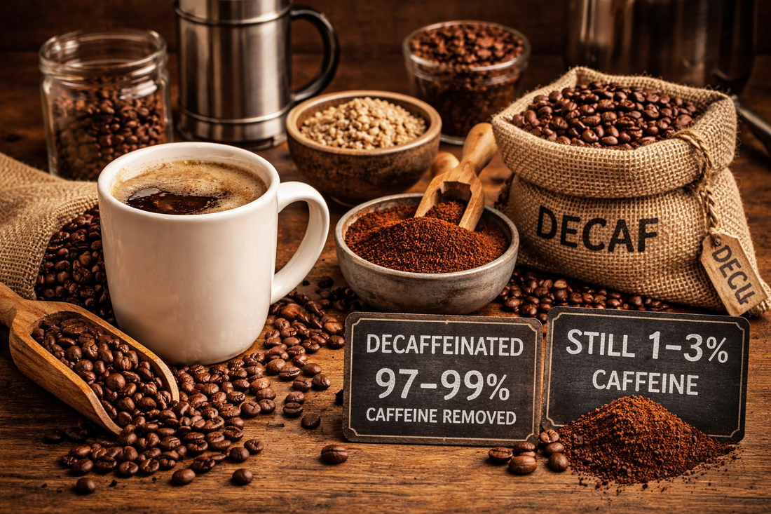 Cup of coffee surrounded by roasted beans, ground coffee, and burlap sacks of decaf beans on a wooden table.