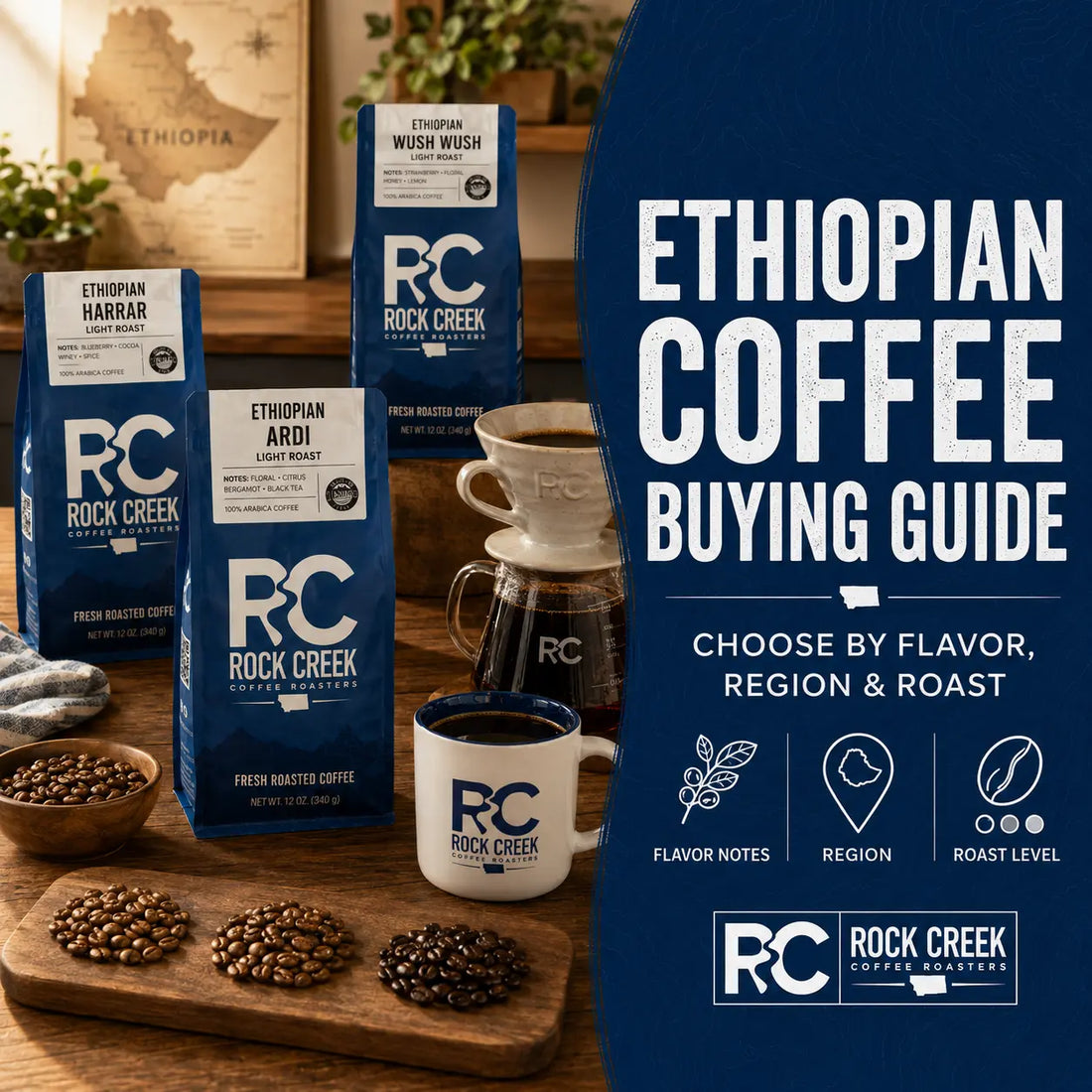Rock Creek Coffee Ethiopian coffee buying guide featuring Harrar, Ardi, and Wush Wush coffee bags with pour over coffee, a branded mug, and roast comparison beans.