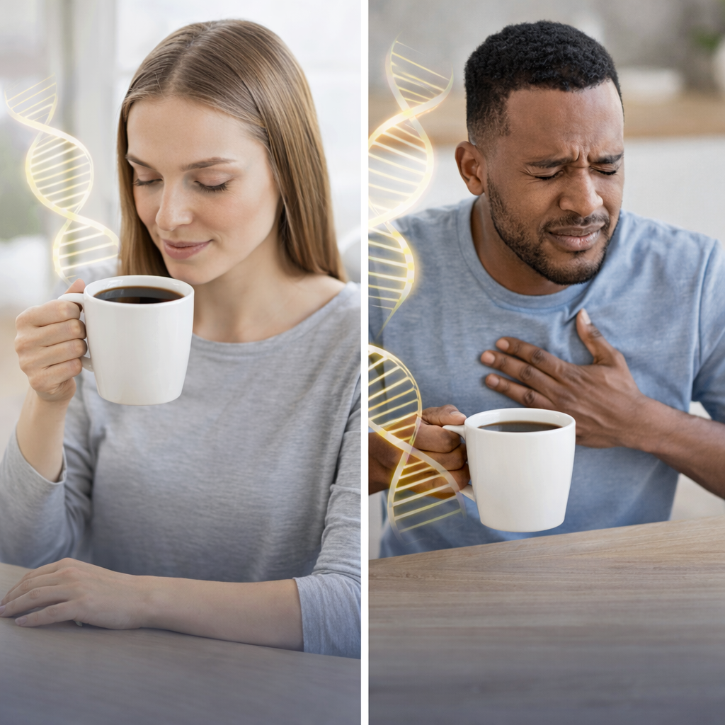 Two people drink the same brew but have different reactions, illustrating genetic caffeine sensitivity and how caffeine affects people differently