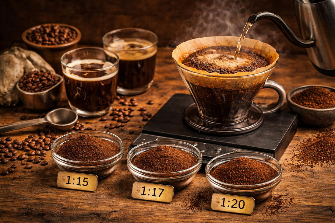 Pour-over coffee brewing on a scale with bowls of ground coffee and cups of brewed coffee on a wooden table