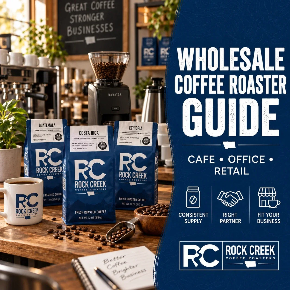 Rock Creek Coffee wholesale roaster guide featuring three branded coffee bags, a burr grinder, coffee mug, whole beans, and café equipment beside a panel highlighting consistent supply, the right partner, and business fit.