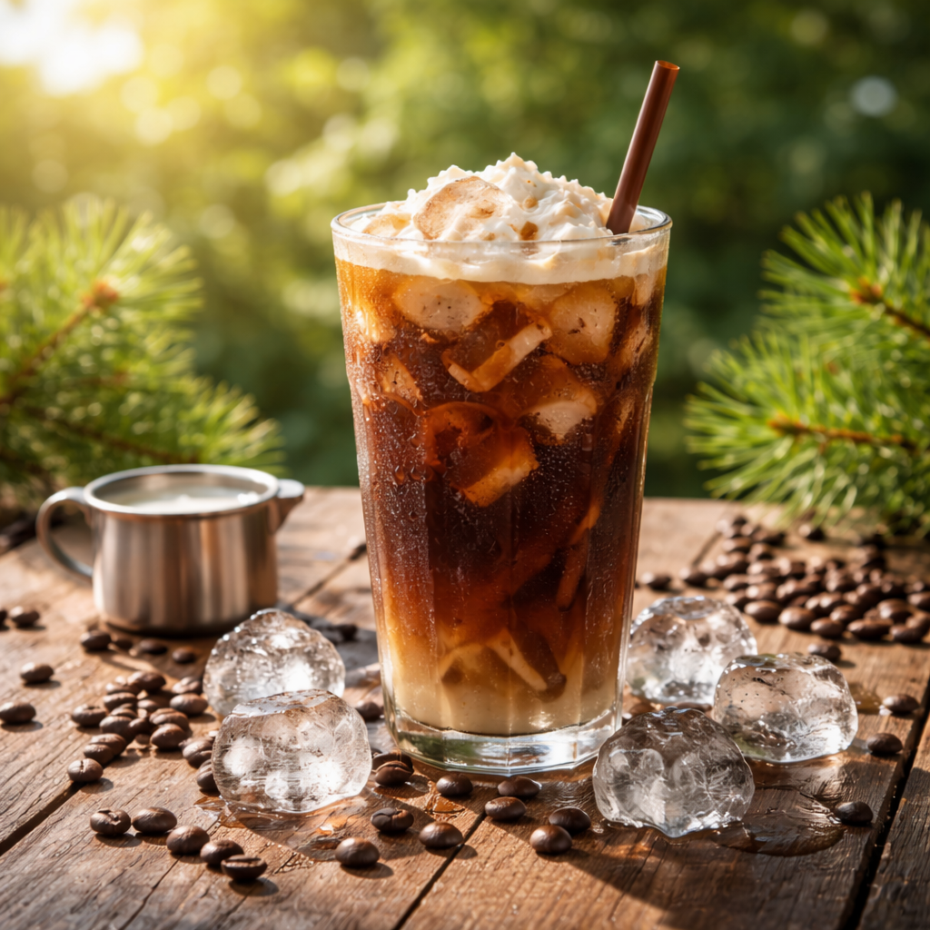 Tall glass of iced coffee with visible ice cubes and cream swirling through dark brew, topped with whipped cream, set on a rustic wooden table surrounded by coffee beans and melting ice in warm natural sunlight.
