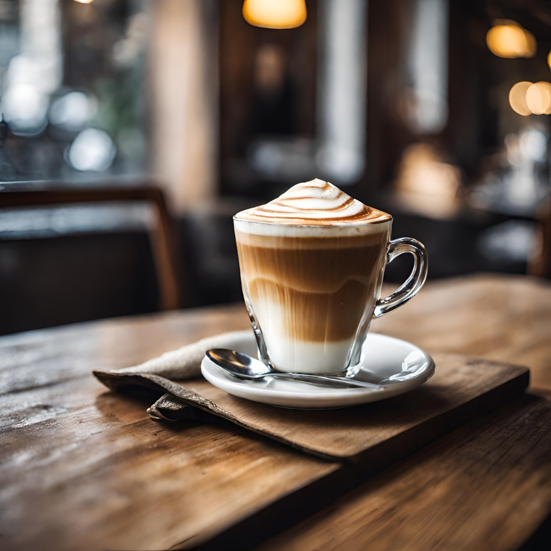Layered latte macchiato in a clear glass mug with swirled foam on top, served on a white saucer with a spoon on a wooden cafe table with a softly blurred background.