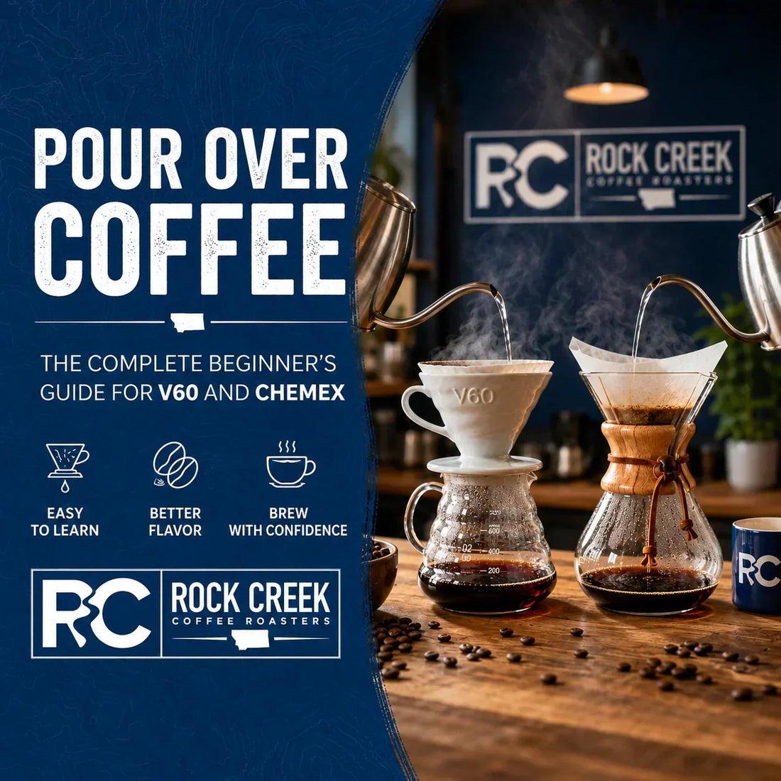 Pour over coffee beginner’s guide featuring V60 and Chemex brewers, gooseneck kettles, steam, coffee beans, and Rock Creek Coffee Roasters branding.