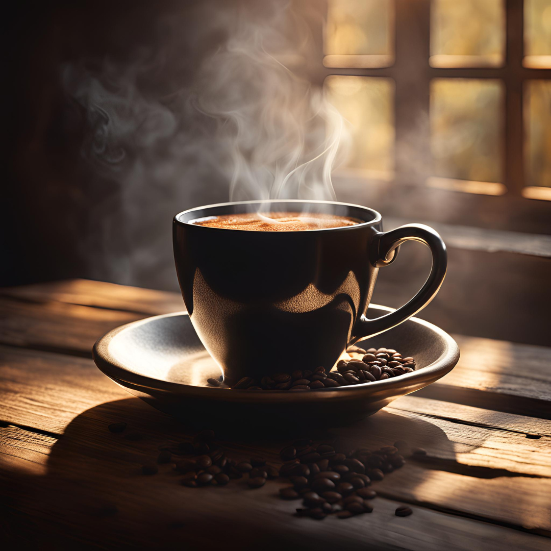 Steaming cup of coffee on a saucer with scattered beans, lit by warm sunlight through a window.