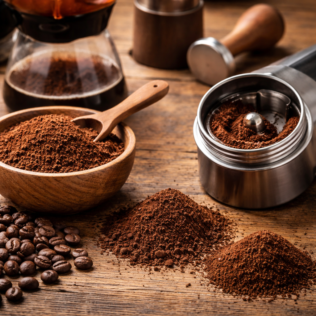 Close-up of whole coffee beans and three piles of ground coffee with different grind sizes beside a burr grinder and pour-over brewer on a wooden table
