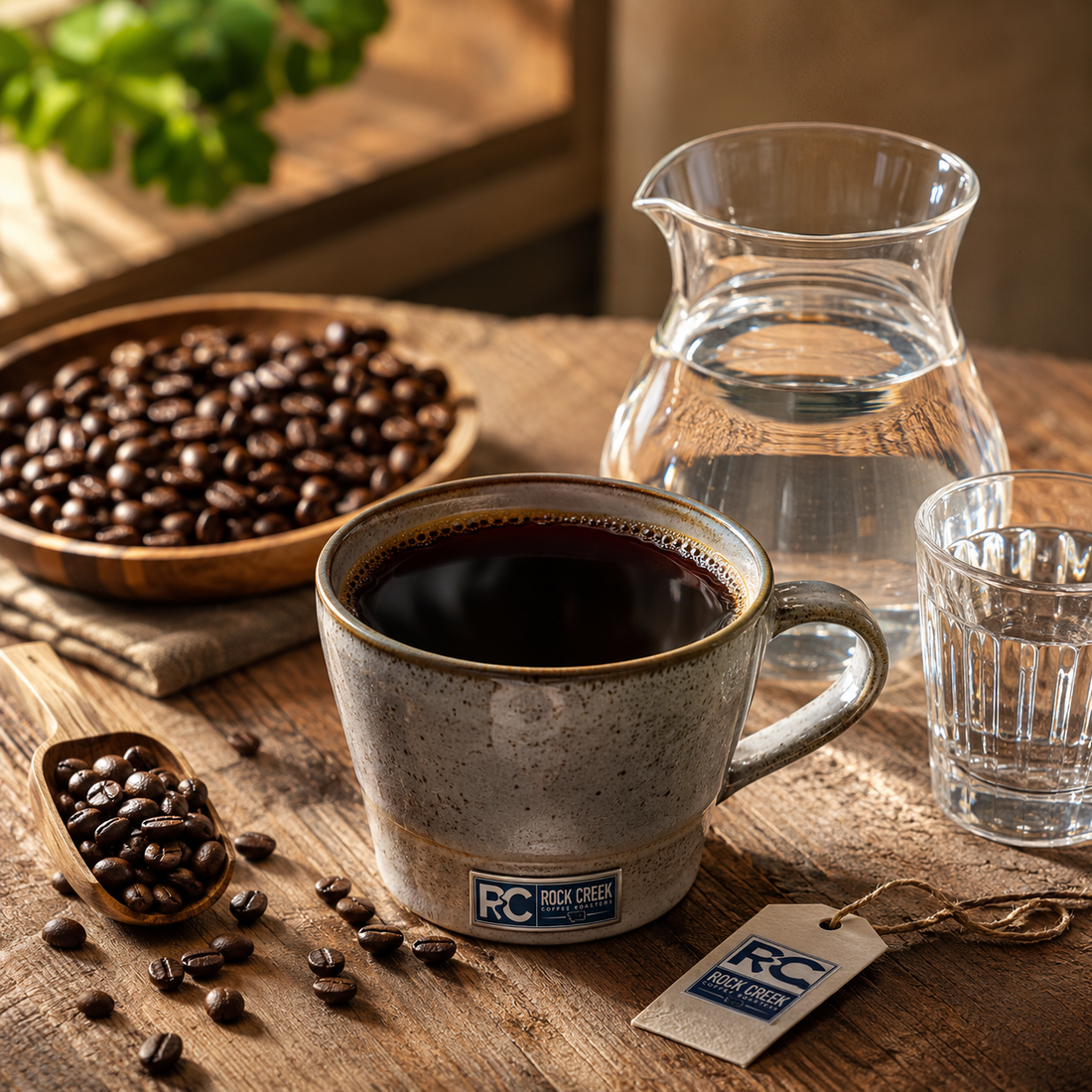 Swiss Water Process decaf coffee shown with a Rock Creek Coffee Roasters mug, clear water carafe, roasted coffee beans, and rustic brewing accents.
