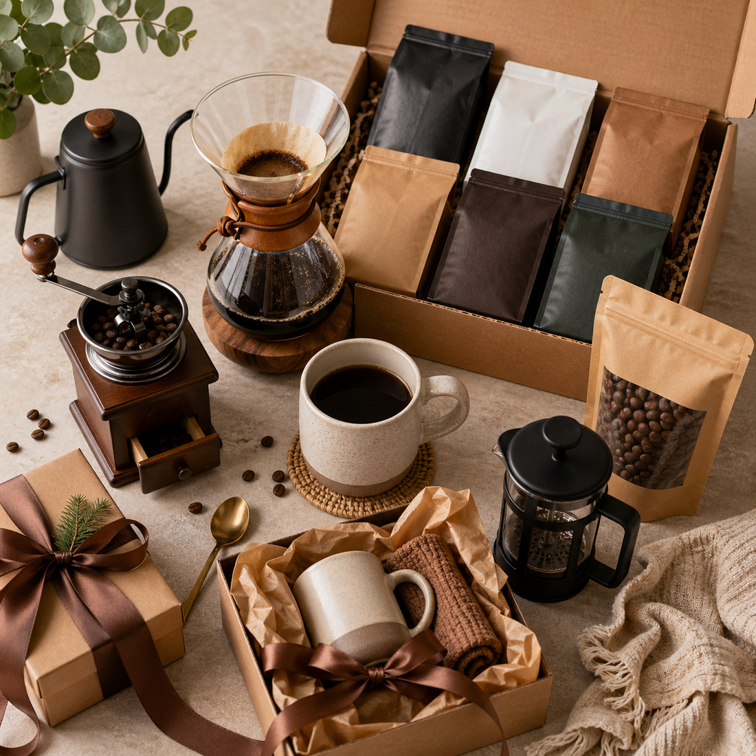 Curated coffee gift guide flat lay featuring pour-over coffee gear, a hand grinder, mugs, French press, packaged coffee bags, and wrapped gift boxes arranged on a warm neutral surface.