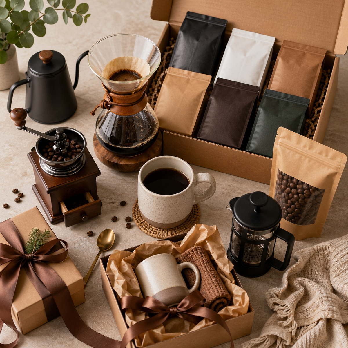Curated coffee gift guide flat lay featuring pour-over coffee gear, a hand grinder, mugs, French press, packaged coffee bags, and wrapped gift boxes arranged on a warm neutral surface.