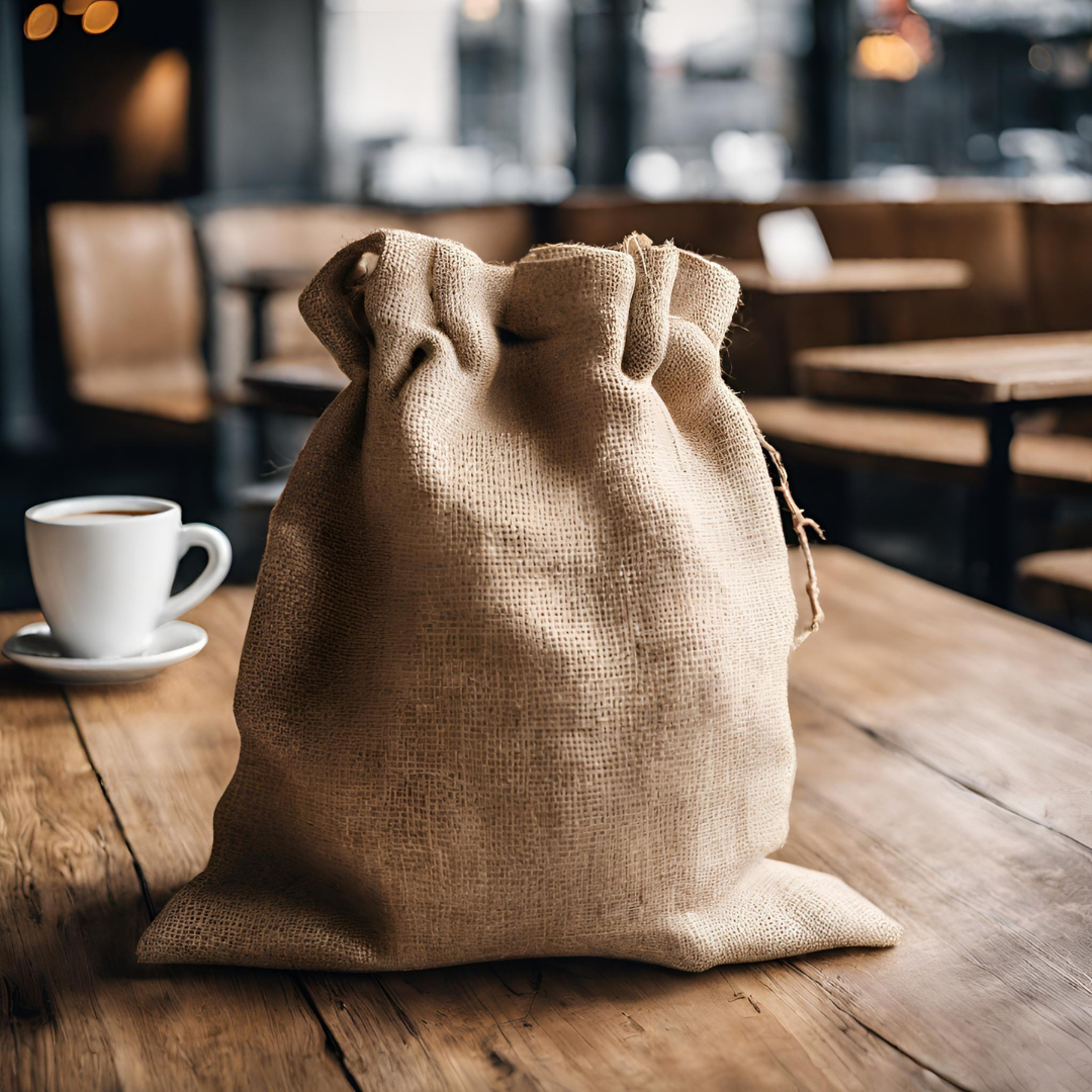 Burlap sack of coffee beans on a wooden café table with a white cup of coffee in the background, set inside a cozy coffee shop interior
