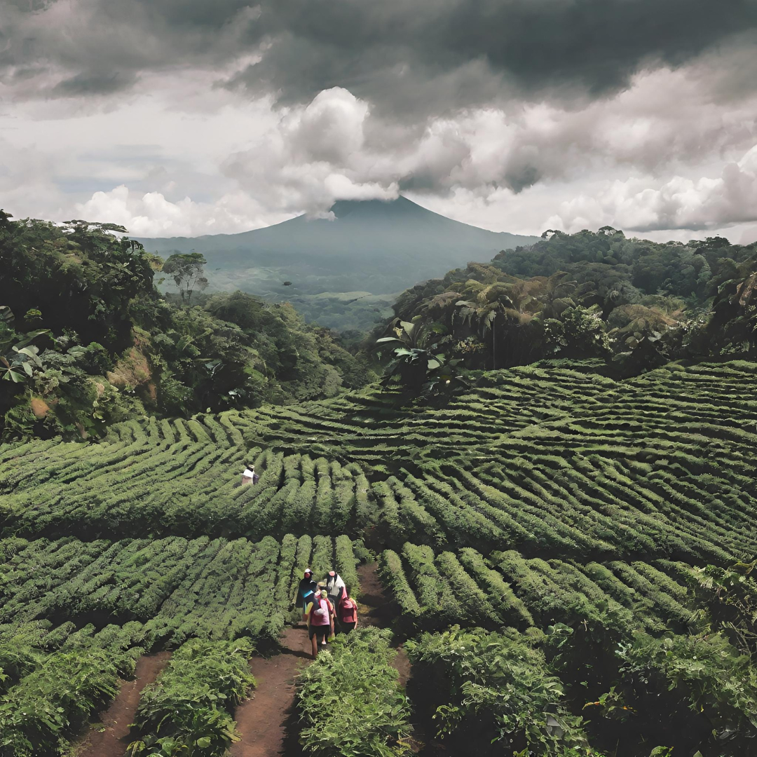 Scenic view of terraced coffee fields with people walking through rows under cloudy skies