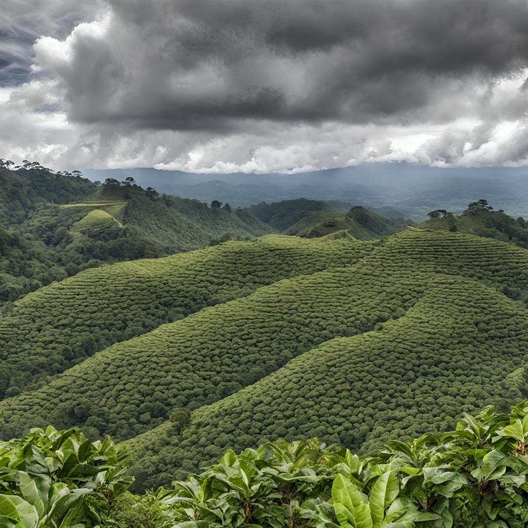 Lush green coffee plantations stretching across rolling mountain hills under dramatic dark storm clouds, with layered valleys fading into the distance.
