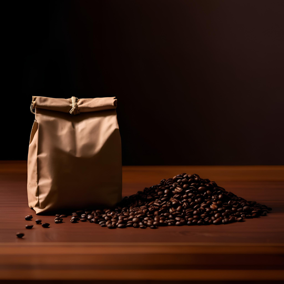 Brown paper bag of coffee beans beside a pile of roasted coffee beans on a wooden table against a dark background.