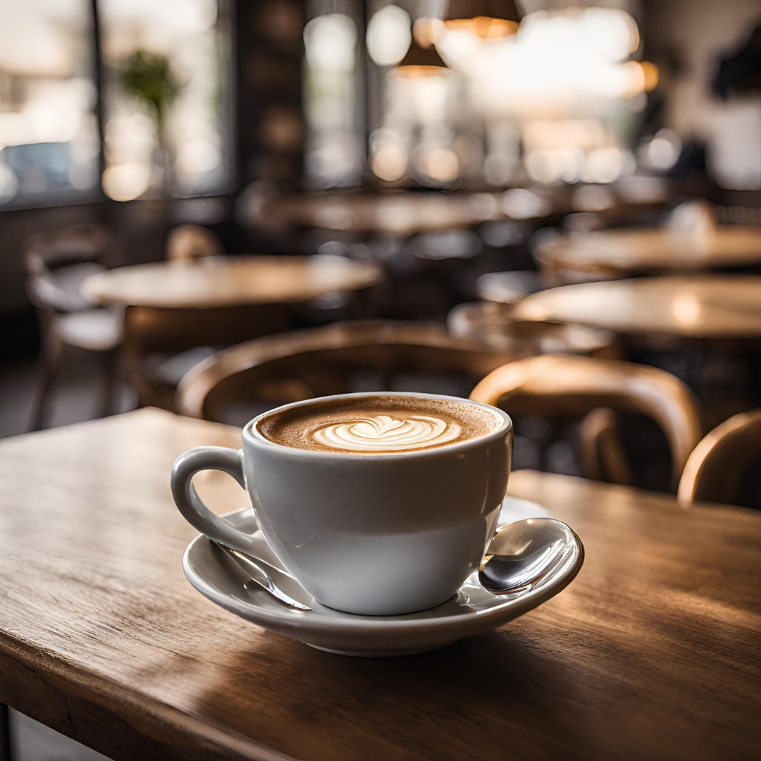 White cup of latte with heart-shaped latte art on a saucer with spoon, sitting on a wooden table inside a warmly lit cafe with blurred seating in the background