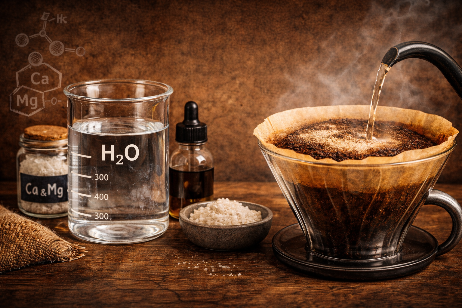 Pour-over coffee brewing beside water and mineral elements on a rustic wooden surface