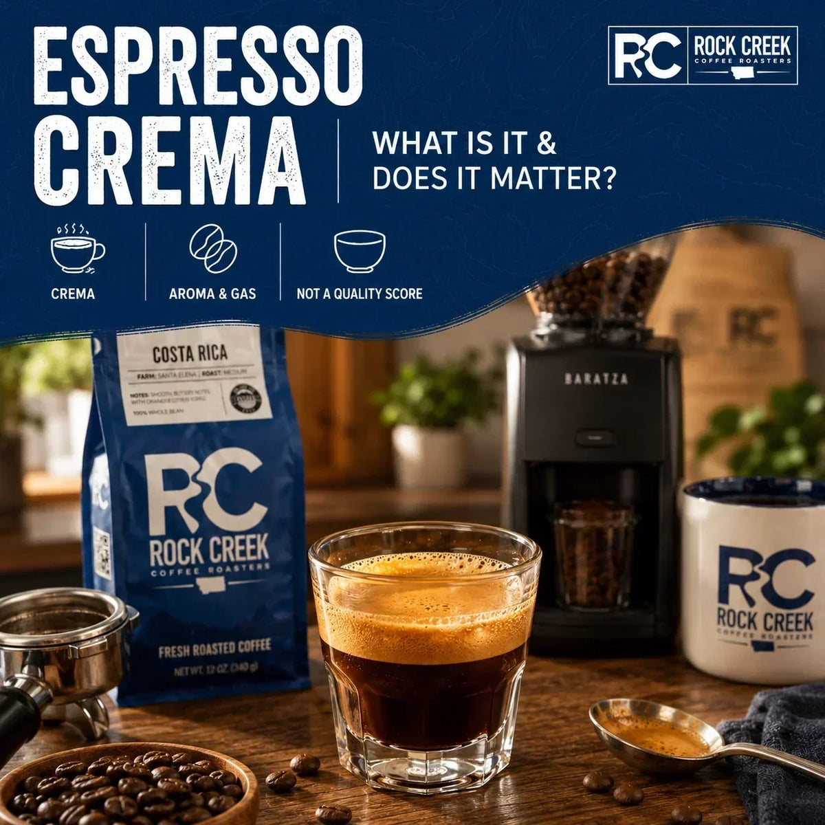 Rock Creek Coffee espresso crema guide showing a fresh espresso shot with golden-brown crema, coffee bag, burr grinder, mug, and beans.