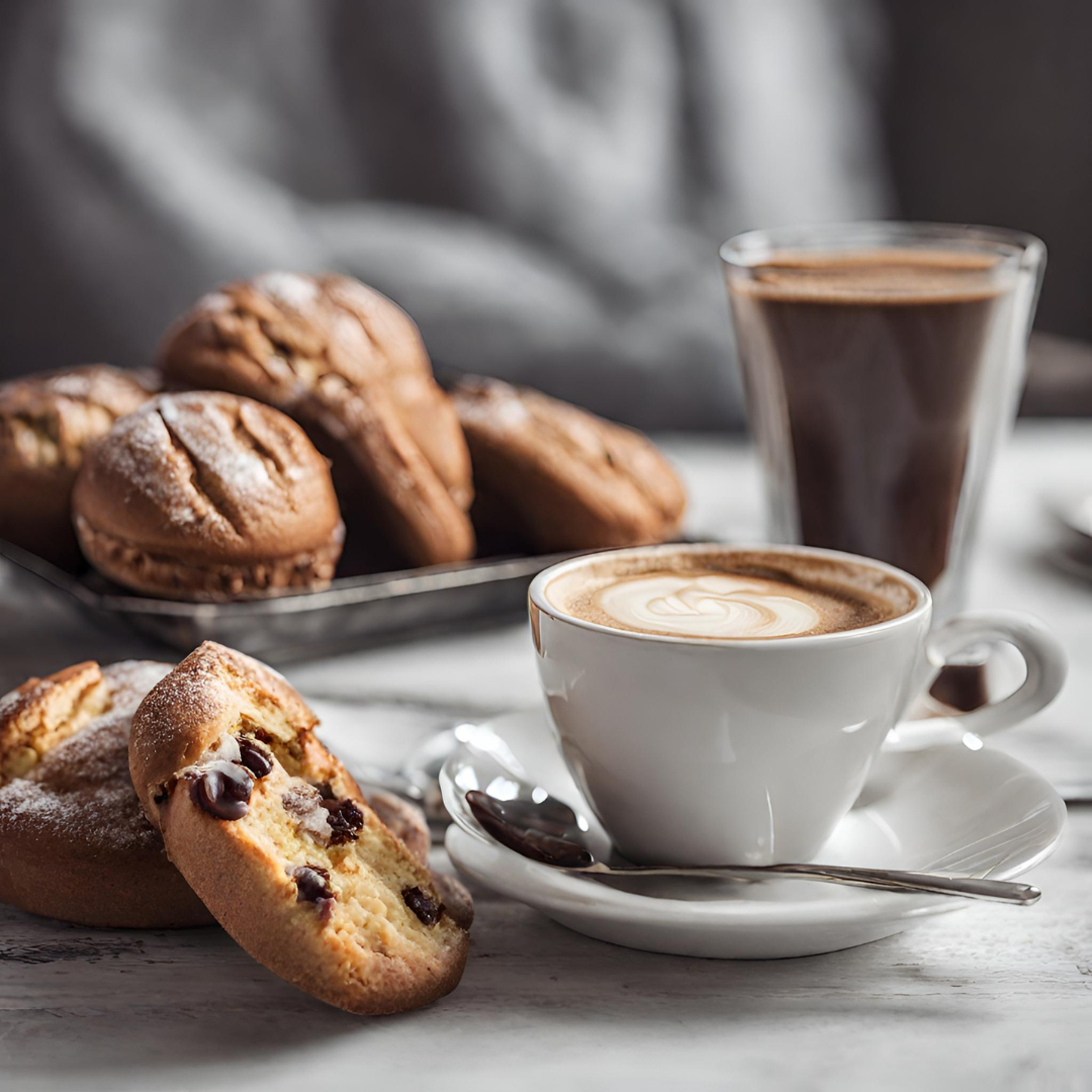 White latte cup with heart latte art on a saucer beside a spoon, with chocolate cookies and a glass of dark coffee on a marble table in a cafe setting.