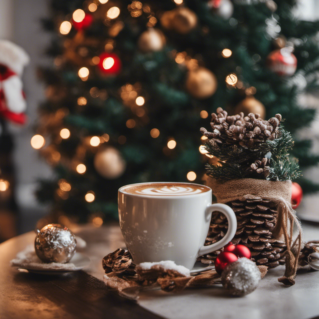 Cozy holiday latte in a white mug on a festive table with pinecones and ornaments, with a decorated Christmas tree glowing in the background.