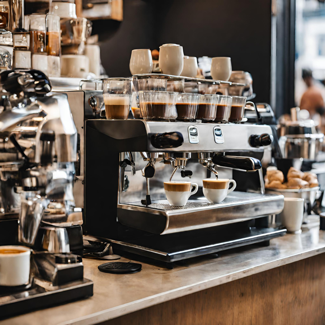 Professional espresso machine pulling fresh shots with ceramic cups lined up on the drip tray inside a specialty coffee shop, showcasing barista equipment and café brewing setup.
