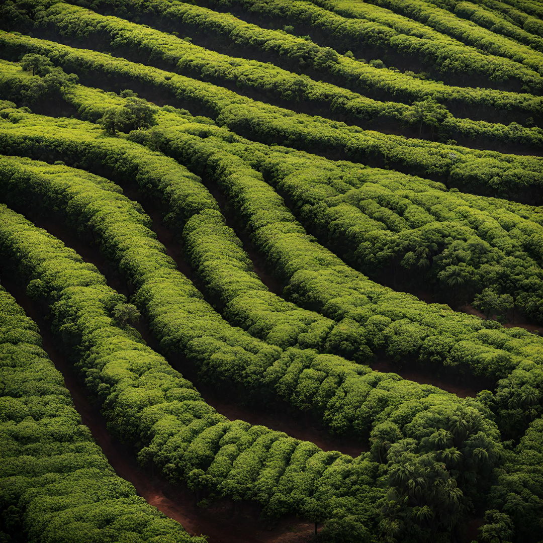 Aerial view of lush green coffee farm rows stretching across rolling landscape, showing neatly planted coffee trees in organized lines.