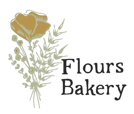 Flours Bakery logo with a floral illustration and the words “Flours Bakery.”