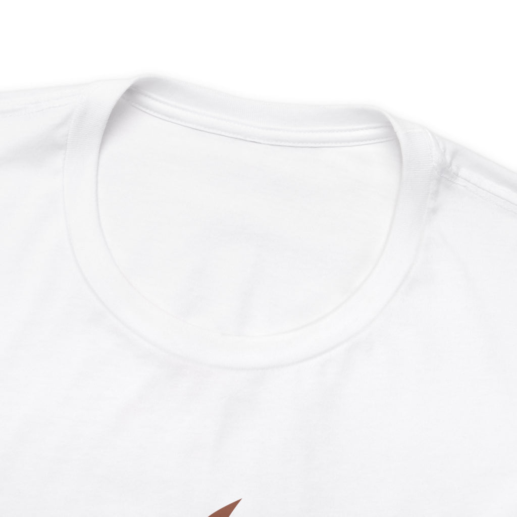Close-up detail of a white crew neck T-shirt showing the neckline, collar stitching, and upper chest area, with only a small portion of the front graphic visible at the bottom edge against a plain white background.