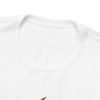Close-up detail of a white crew neck T-shirt showing the neckline, collar stitching, and upper chest area, with only a small portion of the front graphic visible at the bottom edge against a plain white background.