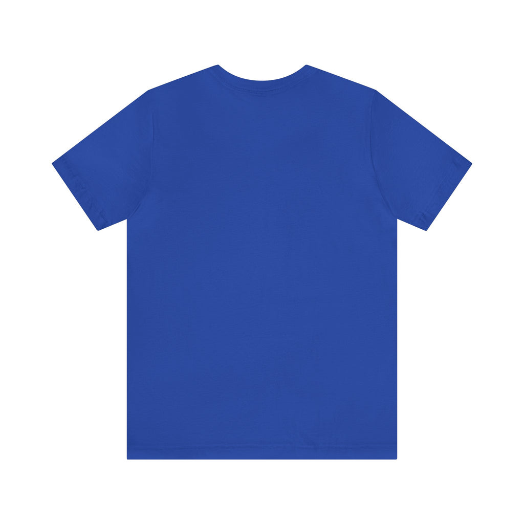 Back view of a royal blue short-sleeve T-shirt with no printed design, displayed flat against a clean white background.