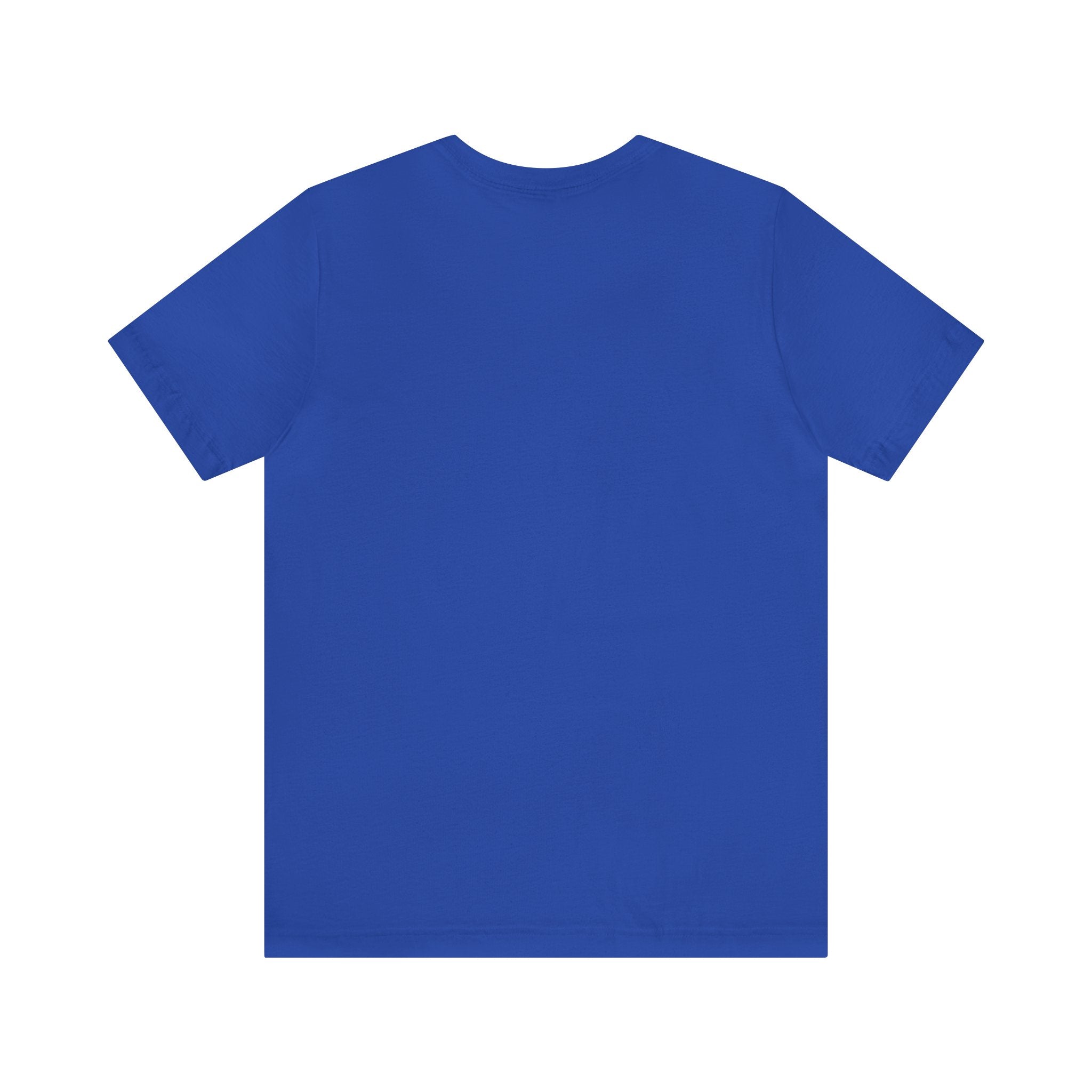 Back view of a royal blue short-sleeve T-shirt with no printed design, displayed flat against a clean white background.